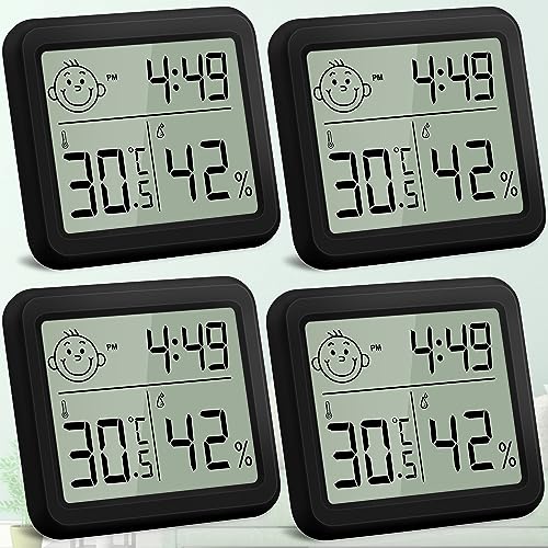 DazSpirit Digitales Thermometer Hygrometer, raumthermometer innen Thermo-Hygrometer, luftfeuchtigkeitsmesser mit Smiley-Indikator Zeit für Schlafzimmer, Babyzimmer, Gewächshaus, Büro (4 Stück Schwarz) von DazSpirit