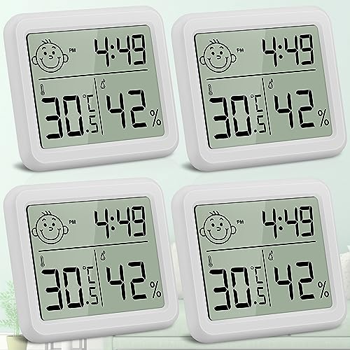 DazSpirit Digitales Thermometer Hygrometer, raumthermometer innen Thermo-Hygrometer, luftfeuchtigkeitsmesser mit Smiley-Indikator Zeit für Schlafzimmer, Babyzimmer, Gewächshaus, Büro (4 Stück Weiß) von DazSpirit