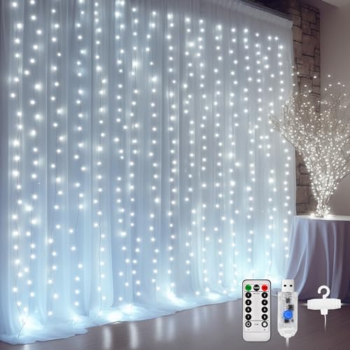 DazSpirit 3Mx3M 300 LED Lichtervorhang, USB Lichterkette Vorhang innen Dekorativ mit 8 Lichtmodi Fernbedienung und Timersteuerung, Wasserdicht für Hochzeit Weihnachten Schlafzimmer (Weiß) von DazSpirit