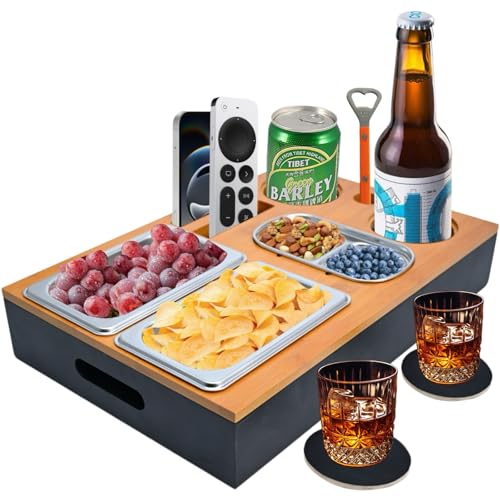Dazhtu Couchbar Snackbox, Couch Tablett Mit Snackschalen Aus Edelstahl, Praktischer Sofatablett Snackbox mit Fächern, Abnehmbarer Deckel, Snackhalter, Sofaablage für Wohnzimmer Garten Camping Couchbar von Dazhtu