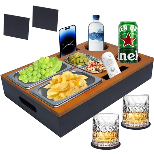 Dazhtu Couchbar Snackbox, Sofa Tablett Mit Snackschalen Aus Edelstahl, Holzfarbe Abnehmbarer Deckel, Couch Tablett, Snackhalter, Sofaablage für Wohnzimmer Schlafzimmer Garten Camping Party von Dazhtu