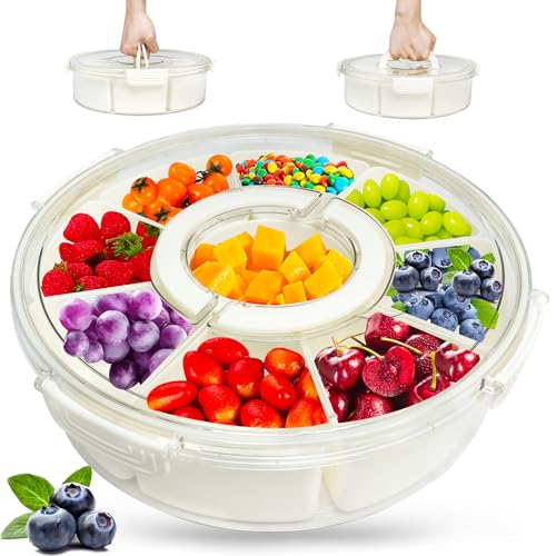 Dazhtu Snackschale mit Deckel, 12.1 Inch Rund Snackbox mit 9 Fächern, Snackteller Aufbewahrungsbox mit Griff Rechteckig, Geeignet zur Aufbewahrung von Süßigkeiten, Obst, Geeignet für Picknicks von Dazhtu