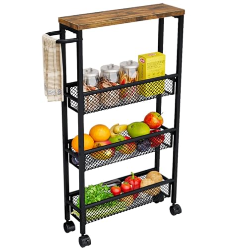 Dazioter Küchenwagen schmal mit 4 Ebenen,Rollwagen Mit Rollen, Holztischplatte und Griff,für kleine Räume,Küche,Arbeitszimmer,Wohnzimmer (Vintagebraun + Schwarz, 4 Ebenen) von Dazioter