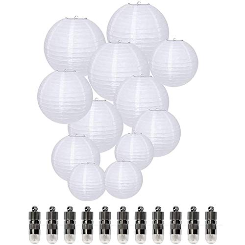 Dazone® 12 Stücke Weiße Papier Laterne Lampions rund Lampenschirm + 12er Warmweiße Mini LED-Ballons Lichter Hochtzeit Dekoration Papierlaterne von Dazone