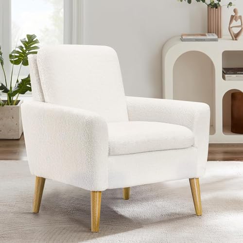 Dazone Sessel Wohnzimmer Einzelsofa Loungesessel modern Relaxsessel mit Holzbeinen, Weißer Teddy Stoff, für Wohnzimmer/Schlafzimmer, Weiß von Dazone