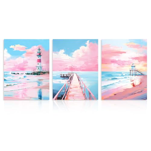 Dazzlewall 3er Set Rosa Strand Bilder, Küsten Leuchtturm Wandbilder für Wohnzimmer Schlafzimmer Badezimmer Deko 12×16 in Ungerahmt von Dazzlewall