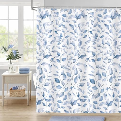 Dazzlewall Blaue Blätter Duschvorhang Boho Aquarell Pflanze Badezimmer Vorhang 180x180cm, Wasserdicht Schimmelresistent Polyester mit 12 Haken von Dazzlewall