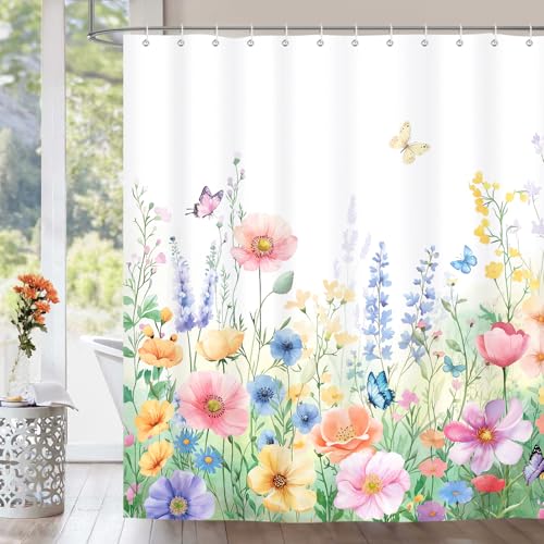 Dazzlewall Blumen Duschvorhang, Frühlingsblumen Schmetterlinge Duschvorhänge 180x180cm, Wasserdicht Anti-Schimmel Waschbar Polyester Textilstoff Bad Vorhang für Badezimmer mit 12 Haken von Dazzlewall