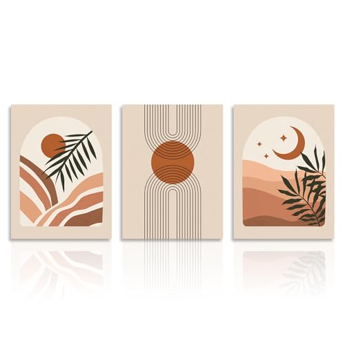 Dazzlewall Boho Abstrakte Wandbilder Sonne Mond Salbei Grün Geometrische Linie Leinwand Bilder für Schlafzimmer Wohnzimmer Deko 30x40 cm 3er Set Ohne Rahmen von Dazzlewall