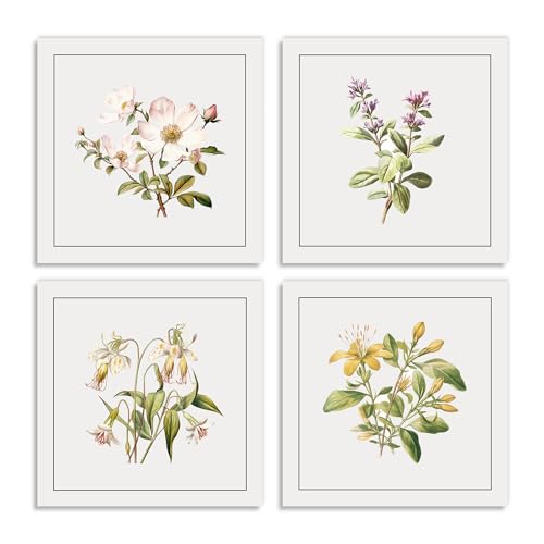 Dazzlewall Boho Blumen Wandbilder Modern Minimalistisches Botanisches Leinwand Bilder für Schlafzimmer Wohnzimmer Deko 30x30 cm 4er Set Ohne Rahmen von Dazzlewall
