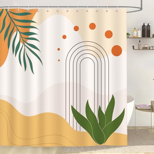 Dazzlewall Boho Duschvorhang Mid Century, Grüne Blätter Abstrakt Duschvorhänge 180x180cm, Wasserdicht Anti-Schimmel Waschbar Polyester Textil Stoff für Badezimmer Badewanne mit 12 Haken von Dazzlewall
