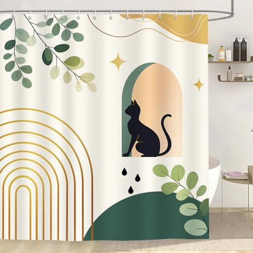 Dazzlewall Boho Duschvorhang Schwarze Katze 180x180cm, Grüne Blätter Beige Abstrakt Duschvorhänge, Wasserdicht Waschbar Polyester Textil Stoff für Badezimmer mit 12 Haken von Dazzlewall