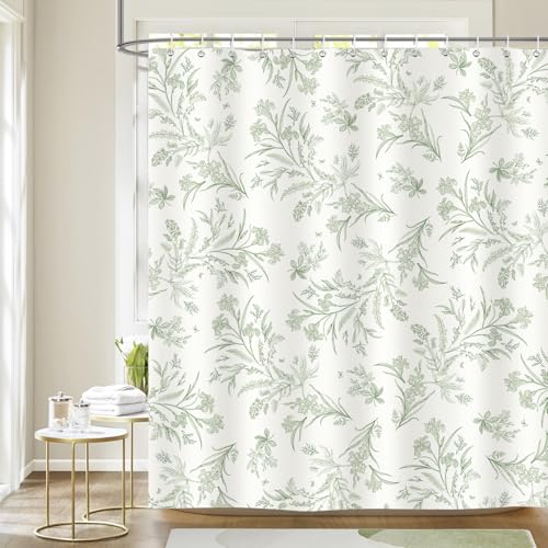 Dazzlewall Duschvorhang Grün Blumen 180x180cm, Grün Beige Blätter Pflanzen Duschvorhänge, Wasserdicht Schimmelresistent Polyesterstoff Badevorhang mit 12 Haken von Dazzlewall