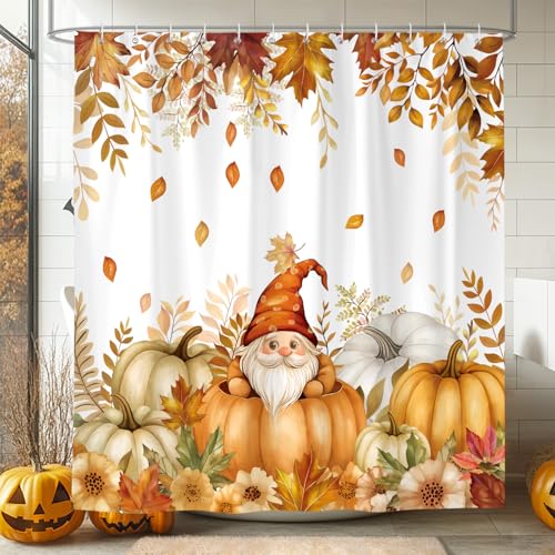 Dazzlewall Duschvorhang Herbst Kürbis Lustiger GNOME Gelb Ahorn Blatt 180x180cm, Erntedankfest Thema Party Duschvorhänge Wasserdicht Anti-Schimmel Polyesterstoff Badevorhang mit 12 Haken von Dazzlewall