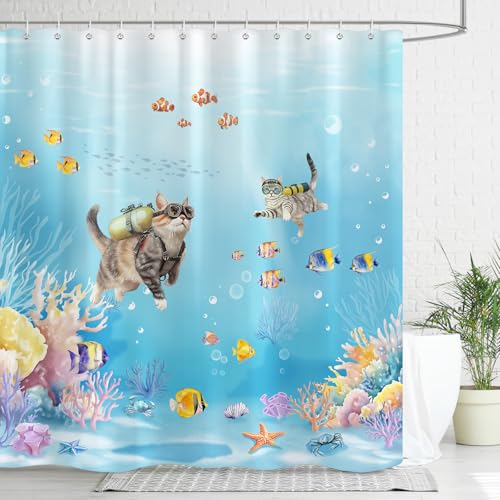 Dazzlewall Duschvorhang Lustig Katze Tauchen 180x180cm, Blauer Maritim Meer Korallenriff Duschvorhänge, Wasserdicht Anti-Schimmel Waschbar Polyester Textil für Badezimmer mit 12 Haken von Dazzlewall
