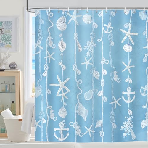Dazzlewall Duschvorhang Maritim, Blaues Meer Seestern Duschvorhänge für Badezimmer Badewanne 180x180cm, Wasserdicht Anti-Schimmel Waschbar Polyester Textil Stoff Badvorhang mit 12 Haken von Dazzlewall