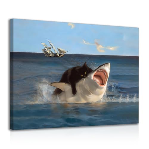 Dazzlewall Gerahmte Lustige Katze und Hai Wand Kunstdruck, Schrullige Schwarze Katze Beißt Hai Malerei Bild für Schlafzimmer Badezimmer Dekor 12x16 zoll Dazzlewall Gerahmte Lustige Katze und Hai Wand Kunstdruck, Schrullige Schwarze Katze Beißt Hai Malerei Bild für Schlafzimmer Badezimmer Dekor 12x16 zoll von Dazzlewall
