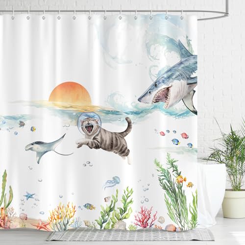 Dazzlewall Lustig Katze Duschvorhang, Fische Wal Maritim Duschvorhänge 180x180cm, Badezimmer Vorhang Wasserdicht Anti-Schimmel Waschbar Polyester Textil Badvorhang mit 12 Haken von Dazzlewall