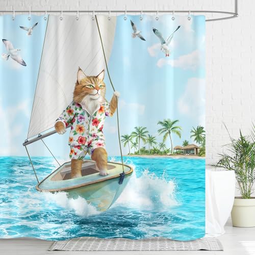 Dazzlewall Lustig Katze Duschvorhang, Surfende Katze & Möwen Maritim Duschvorhänge 180x180cm, Badezimmer Vorhang Anti-Schimmel Wasserdicht Waschbar Polyester Stoff Badvorhang mit 12 Haken von Dazzlewall