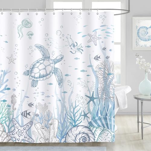 Dazzlewall Meeresschildkröten Duschvorhang Blauer Ozean Maritim Meer Korallen 180x180cm, Wasserdichter Badezimmer Vorhang Anti-Schimmel Polyester Stoff mit 12 Haken von Dazzlewall