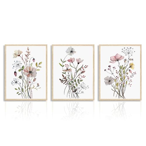 Dazzlewall Vintage Wildblumen Wandbilder Minimalistische Blumen Leinwand Bilder für Schlafzimmer Wohnzimmer Deko 30x40 cm 3er Set Ohne Rahmen von Dazzlewall