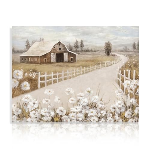 Rustikale Bauernhof Wandbilder Scheune Malerei und weiße Blume Drucke Land Landschaft Leinwand Bilder für Badezimmer Schlafzimmer Wohnzimmer Deko 12x16 in Ungerahmt von Dazzlewall