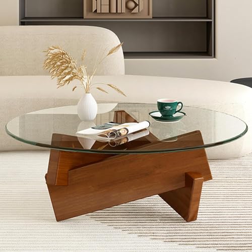 Couchtisch, Runde Wohnzimmertisch Modern Glastisch mit Gehärtetem Glas und Massivholzrahmen, Coffee Table Sofatisch Moderne hölzerne Akzent Mitte Tisch Sofa Beistelltisch für Home, 80 x 80 x 40 cm von DazzlingZLL