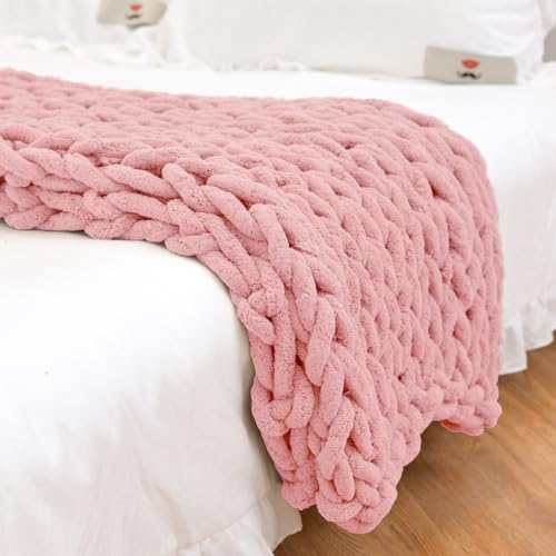 Dazzluxe Grobstrick-Deckenüberwurf, Weiche Chenille-Garn-Überwurfdecke, Handgefertigte Zopfmuster-Häkeldecke, Große Gestrickte Grobstrick-Überwurfdecke Für Couch-Heimdekoration,Rosa,100 * 200 cm von Dazzluxe