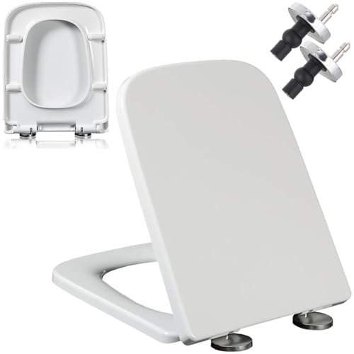 Dazzluxe Quadratische Wc Sitz, Weißer Toilettensitz Aus PP Mit Toilettendeckel Mit Absenkautomatik, Verstellbarem Metallscharnier Mit Schnellverschluss, Leicht Zu Montieren Und Zu Reinigen,04A von Dazzluxe