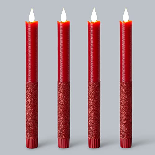 DbKW (11051 Rosenrot) 4er Glitzer Metallic LED Stabkerzen in Echtflammen-Optik Glitter, 6 Std. Timer, aus Echtwachs. Flackereffekt Tafelkerzen Kerzen von DbKW