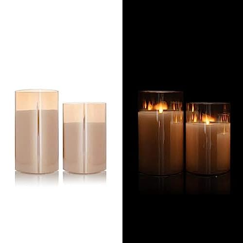 DbKW 2er Set Große LED Kerzen im edlen Glas-Zylinder, verspiegelt, Flackerfunktion, 13 und 15 cm Höhe. Sehr Hochwertig und Elegant (2er Champagner) von DbKW