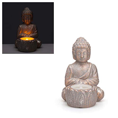 Keramik Buddha mit Integrierter Echtwachs- LED Kerze, 6h Timer, Antikfinish, 16 cm von DbKW