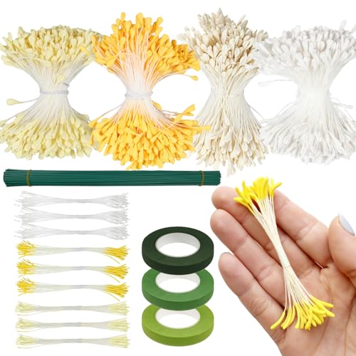 Pfeifenreiniger Blumen Staubblätter (3 mm + 1 mm), mit Blumendraht Stäbe und Floristenband, Ideales Zubehör für Pfeifenputzer zum Basteln, DIY Haarschmuck Blumen Materialset (Mehrere Farben) von Dbuwqips