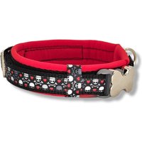 Hundehalsband Gepolstert, Verstellbar, 20mm/25mm, Für Kleine Hunde, Mit Namen Personalisiert, Rot, Schwarz, Softshell, "Skulls & Hearts" von DbyECouture