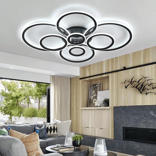 55cm Deckenlampe 6000K Fernbedienung Schlafzimmer Deckenleuchte LED Wohnzimmer Modern Ceiling Light Dimmbar APP Metall Deckenbeleuchtung Für Küchen, Esszimmer, Flur, Bathroom-Schwarz||8 Rings von Dceinz