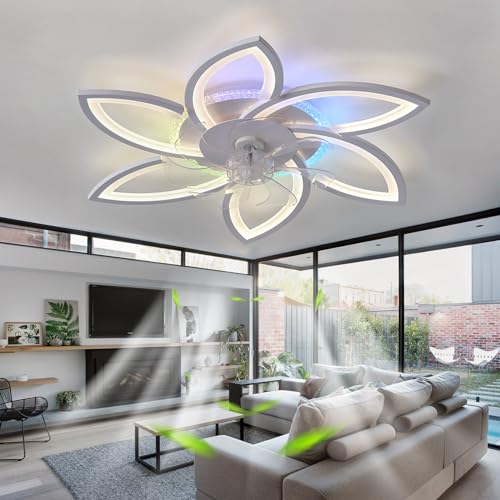 Dceinz RGB Deckenlampe mit Ventilator und Fernbedienung Leise Reversibel Deckenventilator mit Beleuchtung Dimmbar 6 Gang DC Smart Deckenleuchte mit Ventilator Weiß 7 BläTter für Wohnzimmer-78cm von Dceinz