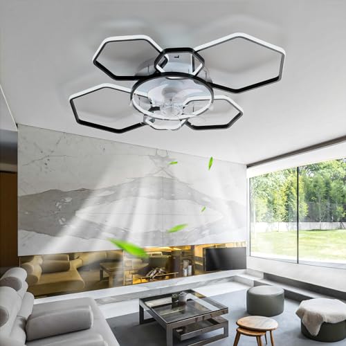 Groß Lampe Mit Ventilator LED Dimmbar Schlafzimmer Deckenventilator Mit Beleuchtung Fernbedienung Leise Reversibel Deckenleuchte Mit Ventilator Modern 6 Gang Smart Für Wohnzimmer, Küche-Schwarz von Dceinz