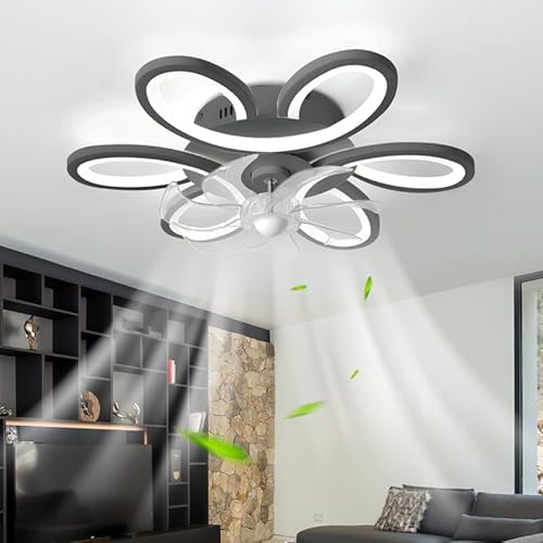 LED Deckenventilator Mit Beleuchtung Leise Dimmbar Blume Lampe Mit Ventilator FüR Schlafzimmer Fernbedienung Reversibel Deckenlampe Mit Ventilator Smart Modern 65cm FüR Wohnzimmer, KüChe, Schwarz von Dceinz