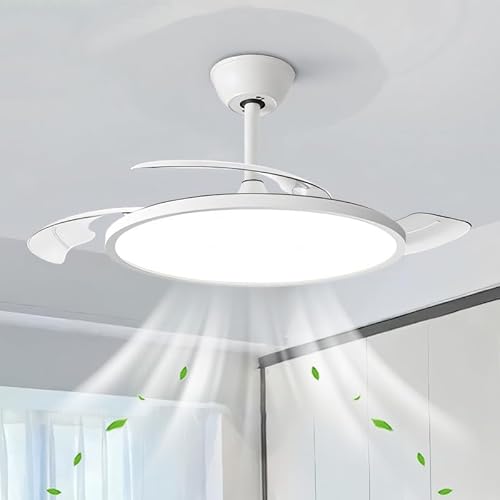 LED Einziehbarer Deckenlampe Mit Ventilator und Fernbedienung Leise 6 Gangs Deckenventilatore Mit Lichter Reversibel Dimmbar Groß Deckenleuchte Mit Ventilator Smart Modern Schlafzimmer-Weiß||115cm von Dceinz