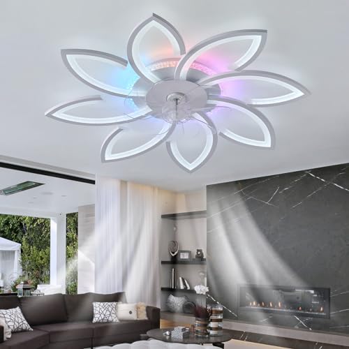 Dceinz RGB Deckenlampe mit Ventilator und Fernbedienung Leise Reversibel Deckenventilator mit Beleuchtung Dimmbar 6 Gang DC Smart Deckenleuchte mit Ventilator Weiß 7 BläTter für Wohnzimmer-87cm von Dceinz