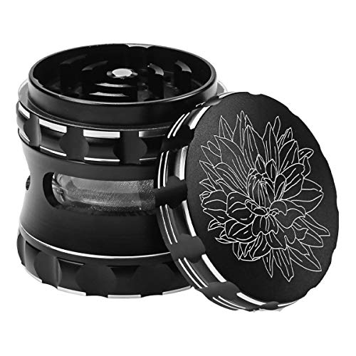 DCOU Premium Aluminium Gewürzmühle 63mm 4-teilige Metallmühle mit Pollenfänger und geschnitzter Blume (Schwarz) von Dcou