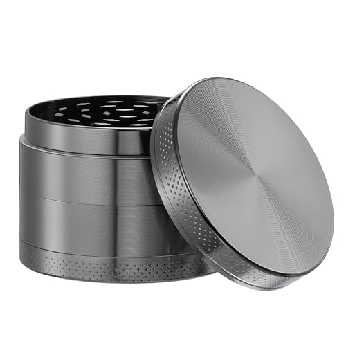 DCOU Zink-Legierung Presse mühle mit Siebgrinder robuste Zamak-Legierung Mahler Quetsche Gewürze Schleifer Ø55mm 4-teilig (Grau) von Dcou