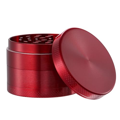 DCOU Zink-Legierung Presse mühle mit Siebgrinder robuste Zamak-Legierung Mahler Quetsche Gewürze Schleifer Ø55mm 4-teilig (Rot) von Dcou