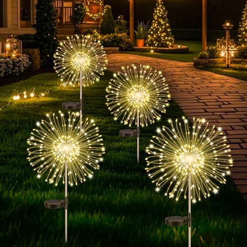 4er-Pack Solarleuchten für den Garten, Löwenzahn Solarfeuerwerk 120 LEDs, 8 Modi Starburst Light, Gartenlampe wasserdicht für Rasen Patio Yard Party Hinterhof Dekoration/warmes Weiß von Ddlisu