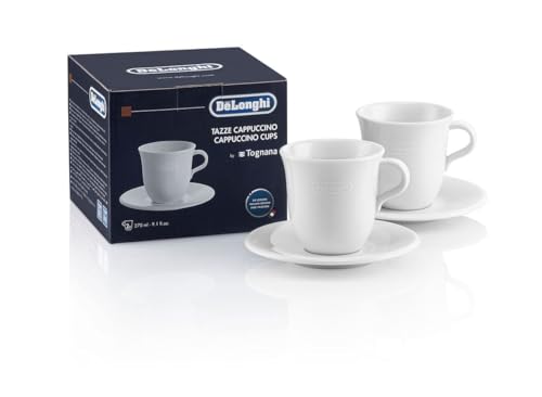 De'Longhi Cappuccinottassen Set DLSC309 – 2 handgemachte Keramik Tassen mit Untertassen, mikrowellen- & spülmaschinengeeignet, 270 ml, Weiß von De'Longhi