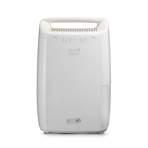 De'Longhi DEX210SF Luftentfeuchter für Zuhause, zur Beseitigung von Feuchtigkeit, Schimmel, Wäschetrockner, Doppel-Luftfiltersystem, 10 l/Tag, Sicherheitssystem, Griff, Weiß von De'Longhi