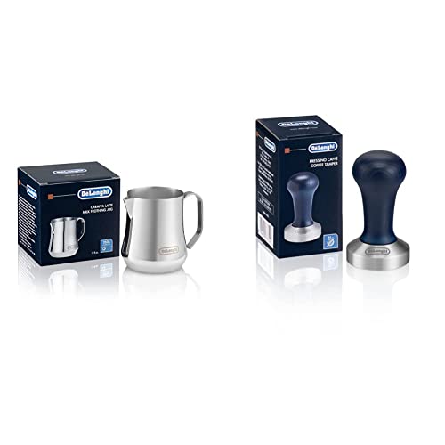 De'Longhi DLSC058 Kaffee-Tamper aus Edelstahl mit Holzgriff, blau/silber & Milchkännchen DLSC060, 350 ml, Edelstahl von De'Longhi