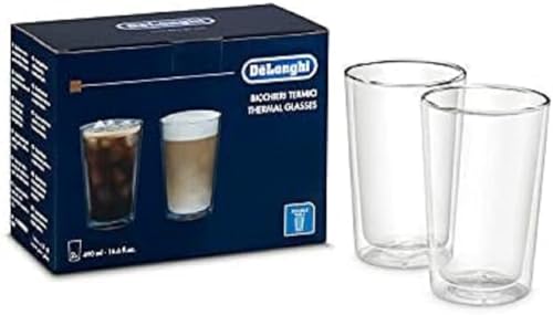 De'Longhi Gläser Set DLSC319, 2 doppelwandige Thermogläser mit Isolierfunktion für kalte und warme Getränke, widerstandsfähiges Borosilikatglas, Spülmaschinenfest, Fassungsvermögen 480 ml , 2 Stück von De'Longhi