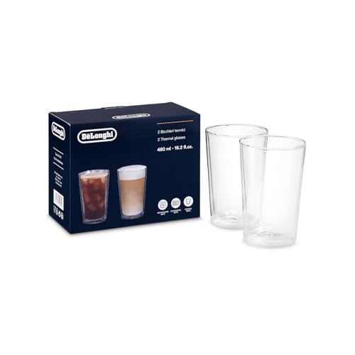 De'Longhi Gläser Set DLSC319, 2 doppelwandige Thermogläser mit Isolierfunktion für kalte und warme Getränke, widerstandsfähiges Borosilikatglas, Spülmaschinenfest, Fassungsvermögen 480 ml , 2 Stück von De'Longhi