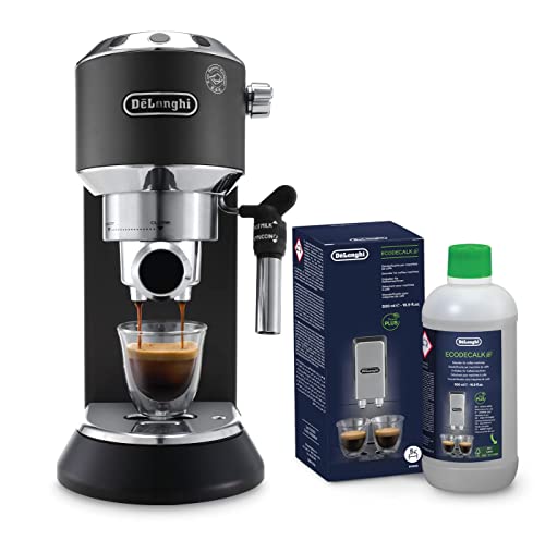 De'Longhi Dedica Style EC 685.BK & EcoDecalk DLSC 500 im Set – Espresso Siebträgermaschine + Entkalker, Espressomaschine mit Milchaufschäumer, für Kaffeepulver oder ESE Pads, 1 l Wassertank, schwarz von De'Longhi